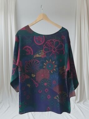 100% Silk Fenn Wright Manson Floral Boatneck Blouse in Teal and Magenta XL